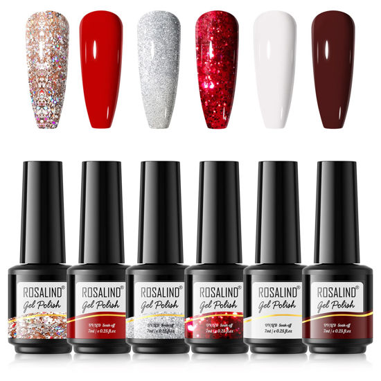 Picture of ROSALIND White Red Gel Nail Polish Set - 6 Colors Sliver Red Nude Glitter Gel Polish White Chocolate Gel Nail Polish, Soak off Red Gel Nail Polish Colors Gel Manicure Nail Design for Women