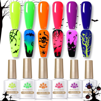 Picture of Born Pretty Halloween Gel Nail Polish Neon Gel Nail Polish Set Fluorescent Gel Polish Luminous Glow in Dark Gel Polish Orange Hot Pink Blue Yellow Green Purple Vibrant Spring Summer Gel Polish 10ML