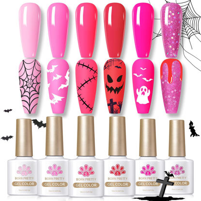 Picture of Born Pretty Neon Pink Gel Nail Polish Set Halloween Gel Nail Polish Hot Pink Cherry Blossom Strawberry Soft Dark Tones All Seasons Natural Lovely Pink Color Gel Polish Gift, Soak Off Kit 6 Colors