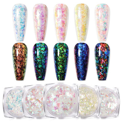 Picture of Born Pretty Nail Confetti Powder Chameleon Flakes Paillette Chrome Nail Powder Irregular Nail Art Glitter Sequins Flakes 5 Jars