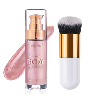 Picture of Body Shimmer Oil, Waterproof Long Lasting Moisturizing Bronze Body Luminizer Glow For Face & Body, Liquid Illuminator Body Highlighter 1oz/Jars, Makeup Brush Include (Sparkle Pink #04)