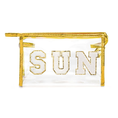 Picture of Y1tvei Gold SUN Preppy Patch Varsity Letter Cosmetic Toiletry Bag Transparent PVC Zipper Swimming Pool Makeup Bag Daily Use Clutch Purse Portable Waterproof Travel Organizer Bag for Women Girls Teens