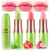 Picture of evpct 3Pcs Aloe Vera Strawberry Peach Pink Color Changing Lipstick Tinted Lip Color Balm Gloss Tint Set Green Magic PH Mood Kids Lipstick Color Changing Crystal Flower Jelly Lipstick Korean Makeup