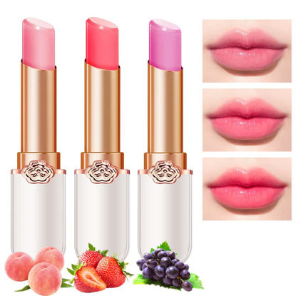 Picture of evpct 3Pcs Peach Strawberry Grape Tinted Lip Balms PH Lip Color Changing Lipstick Stain Gift Set Queen for Women Girls Korean Mood Long Lasting Color Change Light Pink Lipstick Lip Tint Gloss