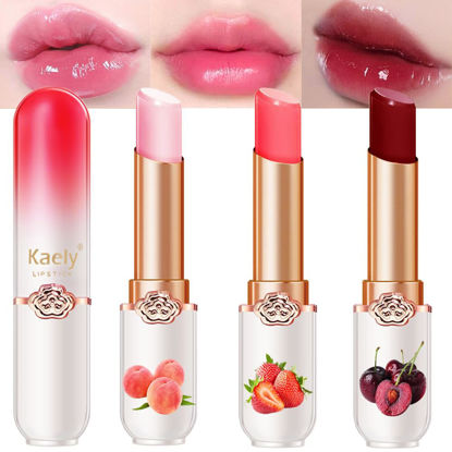 Picture of evpct 3Pcs Peach Strawberry Black Red Cherry Lip Balm Color Changing Lipstick Set PH Mood Magic Lipstick Long Lasting waterproof 24 hours labiales magicos pintalabios permanente 24 horas originales