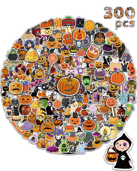 Picture of Benresive 300 Pcs Halloween Stickers for Kids, Halloween Holiday Sticekrs Bulk, Halloween Crafts Party Favors for Kids, Cute Water Bottle Stikers, Waterproof Vinyl Laptop Stickers for Teens Girls