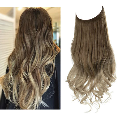 Picture of SARLA Ombre Invisible Wire Hair Extensions Brown to Ash Blonde Long Wavy Curly Synthetic Hair Piece for Women Adjustable Headband 22 Inch No Clip