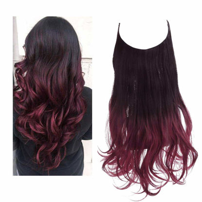 Picture of SARLA Ombre Invisible Wire Hair Extensions Black to Wine Synthetic Wavy Curly Long Hairpiece 16 Inch Adjustable Headband for Women No Clip