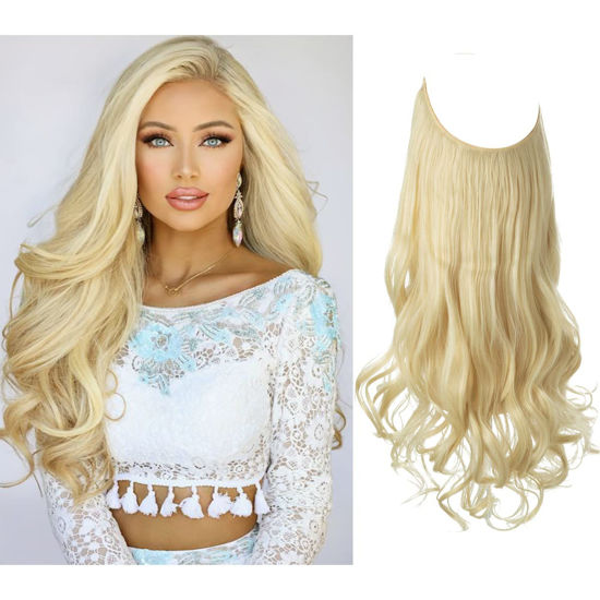 Picture of SARLA Beach Blonde Invisible Wire Hair Extensions Long Wavy Curly Synthetic Hair Piece for Women Adjustable Transparent Headband 22 Inch No Clip