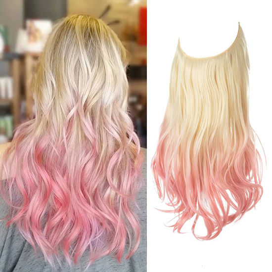 Picture of SARLA Ombre Invisible Wire Hair Extensions Beach Blonde to Pink Long Wavy Curly Synthetic Hair Piece for Women Adjustable Headband 22 Inch No Clip