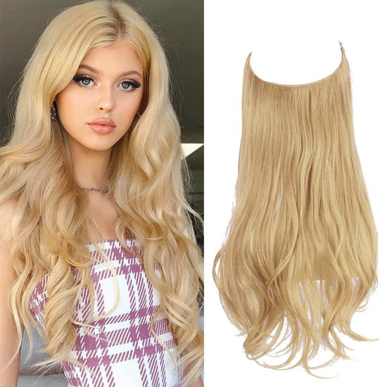 Picture of SARLA Hair Extension Invisible Wire Curly Wavy Short Synthetic Hairpiece for Women 14 Inch Light Honey Blonde Adjustable Headband No Clip