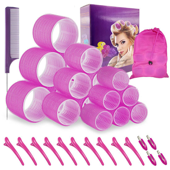 Picture of TINGIC Hair roller set 18 pcs,Jumbo Hair Curlers Rollers with Clips，Self grip hair roller set，Hair rollers for Long hair,Medium and Short hair,DIY rollers hair curlers,3 Sizes Rose red Hair Rollers in one set