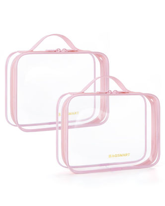 Picture of BAGSMART Clear Toiletry Bag, 2 Pack TSA Approved Travel Toiletry bag Carry on Travel Accessories Bag Airport Airline Quart Size Bags Water Repellent Makeup Cosmetic Bag for Women (Pink-2pcs)