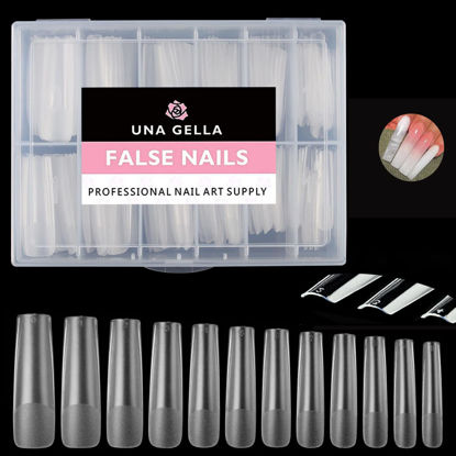 Picture of UNA GELLA Full Square Gel Fake Nails Pre-file 120pcs Long Press On Nails Tips XXL No C Curve Nail Tips Extra Long Nail Tips Clear Long Flat Square Nail Tips Tapered Square Nails Soft Gel Tips