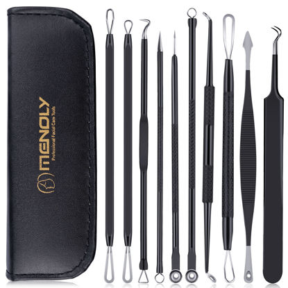 Picture of Pimple Popper Tool Kit 10 Pcs, MENOLY Newest Blackhead Remover Pimple Comedone Extractor Tools for Easy and Fast Removal of Blackheads, Pimples and Blemish on Face, with Elaborate Leather Bag