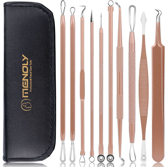 Picture of Pimple Popper Tool Kit, MENOLY 10 Pcs Blackhead Remover Comedone Extractor Acne Removal Kit for Blemish, Whitehead Popping,Zit Removing for Nose Face Tools with a Leather Bag (Rose Gold)