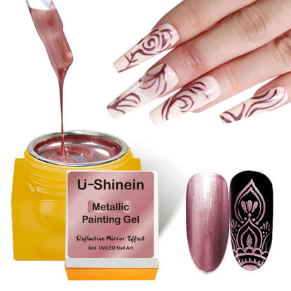 Picture of U-Shinein 8ml Metallic Painting Nail Polish Gel, Rose Gold Painted Gel Nail Polish, 3D Metal Painting Gel Drawing Mirror Nail Gel Polish, Nail Liner Painting Gel Glossy Soak Off UV/LED Nail Metal Gel