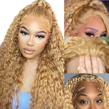 Picture of SFD Honey Blonde Curly Lace Front Wigs Human Hair 13x4 HD Lace Blonde Deep Wave Human Hair Wig 150% Density Pre Plucked #27 Colored Curly Lace Front Wig Human Hair 20 Inch