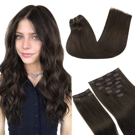 Picture of GOO GOO Clip-in Hair Extensions for Women, Soft & Natural, Handmade Real Human Hair Extensions, Light Brown, Long, Straight #2A, 9pcs 150g 18inch