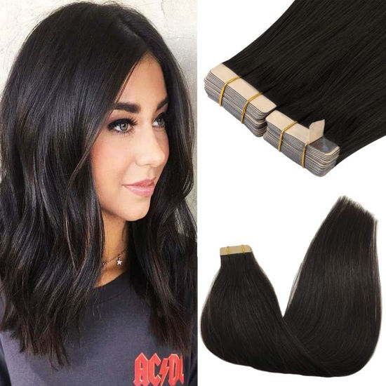 Picture of GOO GOO Tape in Hair Extensions 40pcs 100g 18in Straight Natural Black 100% Real Human Hair Extensions Skin Weft Human Remy Tape in Seamless Hair Extensions for Women