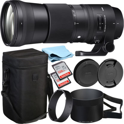 Picture of Sigma 150-600mm Canon Zoom Telephoto Lens F/5-6.3 DG OS HSM Bundle with Sigma Lens for Canon, Front and Rear Caps, Lens Hood, Lens Case, 2X 128GB SanDisk Memory Cards (7 Items) - Sigma 150 600 Lens