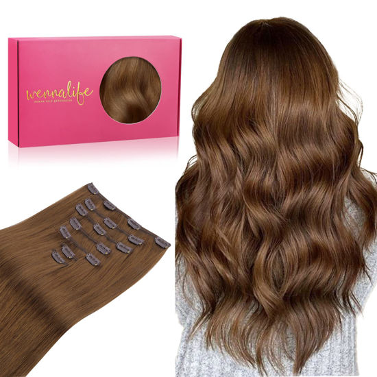 Picture of WENNALIFE Clip in Hair Extensions Real Human Hair, 20 Inch 120g 7pcs Human Hair Extensions Clip In Human Hair, Light Auburn Brown Hair Extensions Clip In Real Hair Coloured Remy Human Hair Extensions