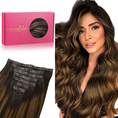 Picture of WENNALIFE Seamless Clip In Hair Extensions, 16 Inch 130g 7pcs Balayage Dark Brown to Chestnut Brown Hair Extensions Clip in Human Hair Invisible PU Skin Weft Natural Remy Human Hair Extensions