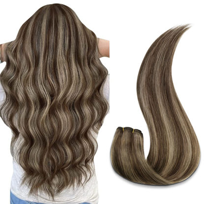 Picture of Sunny Human Hair Weft Extensions Highlights Dark Brown and Caramel Blonde Sew in Hair Extensions Highlight Weft Hair Extensions Human Hair Brown Human Hair Extensions Sew in 20inch 100g