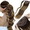 Picture of LAAVOO Brown Ponytail Extension Human Hair 80G 20inch Balayage Ombre Brown Fading to Caramel Brown Highlights Clip in Wrap Around Ponytail Human Hair Extensions