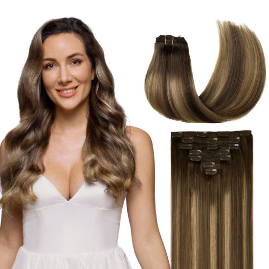 Picture of GOO GOO Clip-in Hair Extensions for Women, Soft & Natural, Handmade Real Human Hair Extensions, Chocolate Brown to Caramel Blonde, Long, Straight #(4/27)/4, 7pcs 120g 18 inches