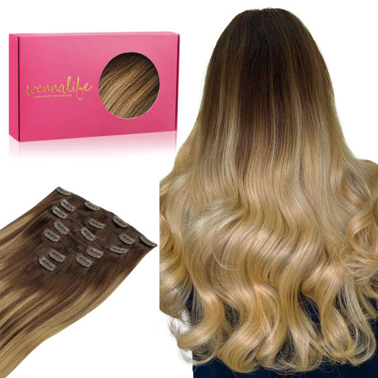 Picture of WENNALIFE Clip in Hair Extensions, 18 Inch 120g 7pcs Balayage Chocolate Brown to Dirty Blonde Hair Extensions Clip In Human Hair Remy Clip in Hair Extensions Natural Human Hair Extensions Double Weft