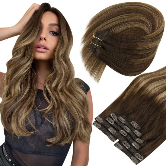 Picture of Sunny Balayage Clip In Hair Extensions Dark Brown Ombre Blonde with Brown Highlights Human Hair Clip In Extensions Balayage Brown Hair Extensions Clip in Human Hair Double Weft 7pcs 18inch 120g