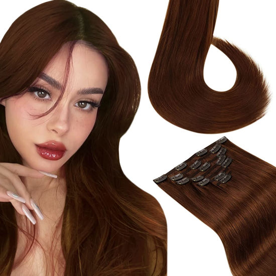 Picture of LAAVOO Auburn Brown Human Hair Clip in Extensions 20 inch 7pcs/120g Medium Brown Clip in Hair Extensions Real Human Hair Auburn Brown Long Straight Double Weft Real Hair Extensions