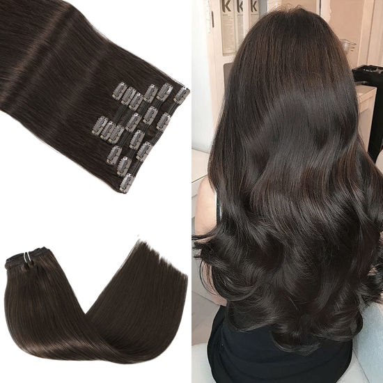 Picture of Clip In Human Hair Extensions Human Hair 20 Inch 7pcs Dark Brown Natural Double Weft No Shedding No Tangling Remy Human Hair Extensions Thick Hair Extensions Clip