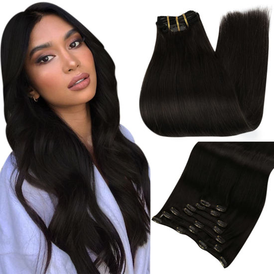 Picture of Full Shine 20 Inch Clip in Hair Extensions Black Human Hair Double Weft Soft Straight Long Clip in Hair Extensions Real Human Hair Brazilian Remy Hair Clip 7 Pcs 120Grams Thick Hair