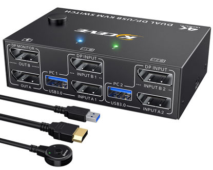 Picture of 8K USB 3.0 Displayport KVM Switch 2 Monitors 2 Computers 8K@30Hz 4K@144Hz,MLEEDA Dual Monitor Displayport 1.4 KVM Switches with 4 USB 3.0 Port for USB Device,Wired Remote and 4 Cables Included