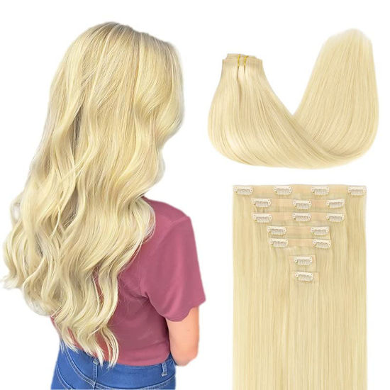 Picture of GOO GOO Seamless Clip in Hair Extensions with Invisible PU Skin Weft,100% Real Human Hair, 110g 7pcs Natural Silky Straight Hair Extensions, Long Hair for Women, Bleach Blonde#613 16inch