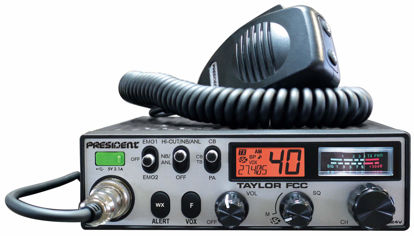 Picture of President Taylor FCC, 12/24V CB Radio, 40 Channels AM, Up/down Channel Selector, Volume Adjustment and ON/OFF, Multi-Functions LCD Display, S/RF Vu-Meter, Beep Function, EMG Programmable, Talkback