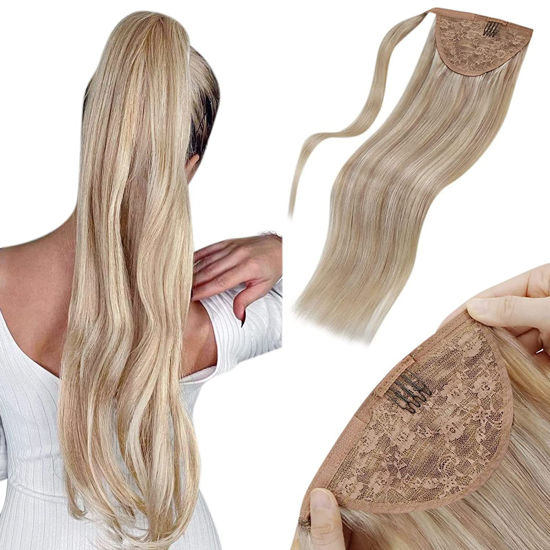 Picture of LAAVOO Wrap Around Ponytail Hair Extensions Human Hair 20 Inch 80g Blonde Ponytail Hair Piece for Women Ash Blonde Highlighted Light Blonde Clip in Ponytail Extension Remy Hair