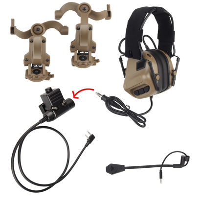 Picture of Hdlsina Tactical Shooting Headset + with U94 PTT 2pin with ARC Rail Adapter Noise Reduction & Sound Pickup Ear Protection (Tan)