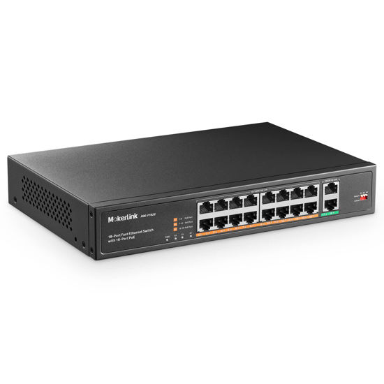 Picture of MokerLink 16 Port PoE Switch with 2 Gigabit Uplink Ethernet Port, 250W High Power, Support IEEE802.3af/at, Rackmount Unmanaged Plug and Play