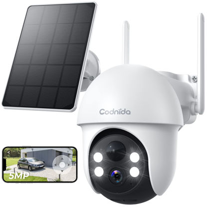 Picture of Codnida 5MP Security Cameras Outdoor,Solar Security Camera Wireless Outdoor with 360° View,Pan and Tilt,Non-Stop Solar Battery Powered,HD Color Night Vision,Smart Alarm,Weatherproof