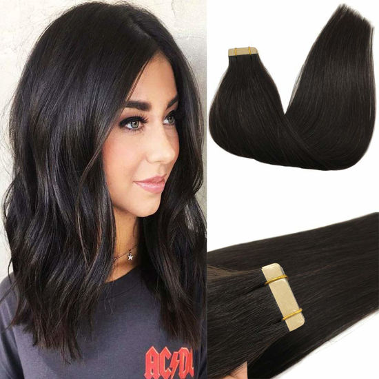 Picture of GOO GOO 20pcs 60g Human Hair Extensions Tape in Natural Black Tape in Real Hair Straight 26 inch