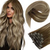 Picture of Sunny Clip in Hair Extensions Ombre Dark Brown to Light Brown Blonde Clip in Balayage Hair Extensions Clip in Human Hair Brown Balayage Clip in Remy Hair Extensions Double Weft 120g 7pcs 18inch