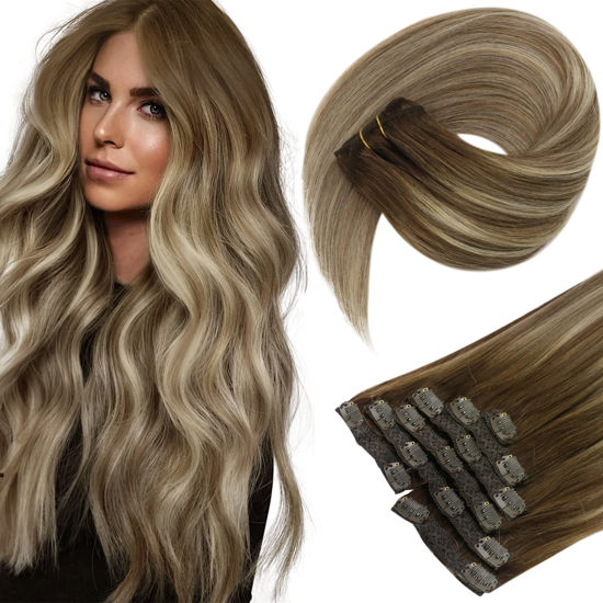 Picture of Sunny Clip in Hair Extensions Ombre Dark Brown to Light Brown Blonde Clip in Balayage Hair Extensions Clip in Human Hair Brown Balayage Clip in Remy Hair Extensions Double Weft 120g 7pcs 18inch