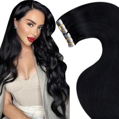 Picture of LaaVoo 30 Inch Tape in Hair Extensions Human Hair Black Women 65g Long Hair Extensions Tape in Natural Black Human Hair Extensions Tape on Skin Weft Human Hair Extensions 20Pcs