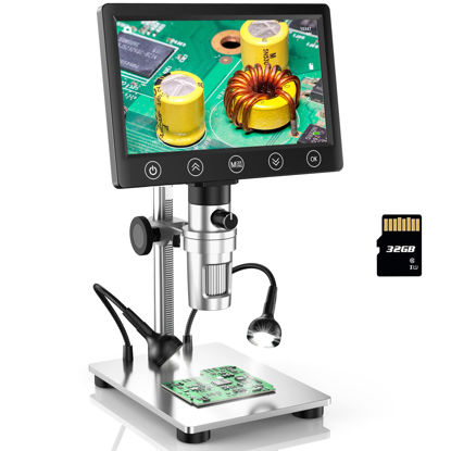 Picture of Elikliv EDM07 Industrial Microscope, 7" LCD Digital Microscope with Touch Button, 1200X Soldering Coin Microscope, Ultra-Bright LED Light, Metal Stand, 32GB SD Card Included, Windows/Mac Compatible