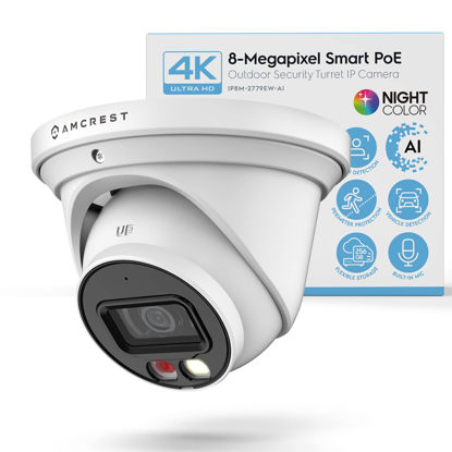 Picture of Amcrest UltraHD 4K (8MP) IP PoE AI Camera, 49ft Nightcolor, Security Outdoor Turret Camera, Built-in Microphone, Human Detection, Active Deterrent, 129° FOV, 4K@15fps IP8M-2779EW-AI (White)
