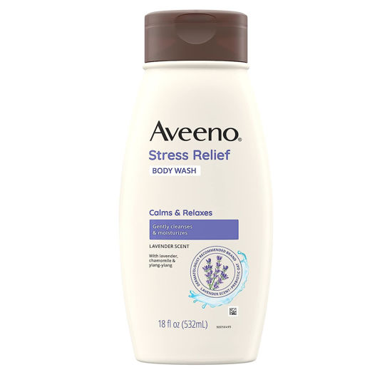 Picture of Aveeno Stress Relief Body Wash with Soothing Oat, Gently Cleanses and Moisturizes with Lavender Scent, Chamomile & Ylang-Ylang Essential Oils, Dye-Free & Soap-Free Calming Body Wash, 18 fl. oz