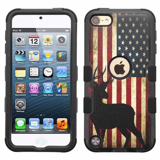 Picture of La Belle Case iPod Touch 7 Case, iPod Touch 6 Case, Hard+Rubber Dual Layer Hybrid Heavy-Duty Rugged Impact Cover Case for iPod Touch 5 6 7th - US Flag Deer #A